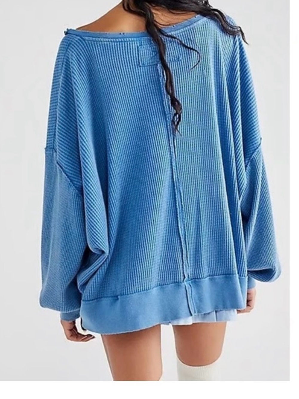 We The Free Blue Waffle Knit Oversized Boho Hipster Long Sleeve Top - Picture 2 of 8